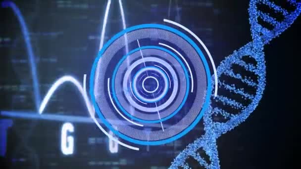 ネオンラウンドスキャナ 回転Dna構造 青いモザイクの正方形に対する心臓モニターのアニメーション 医学研究科学技術概念 — ストック動画