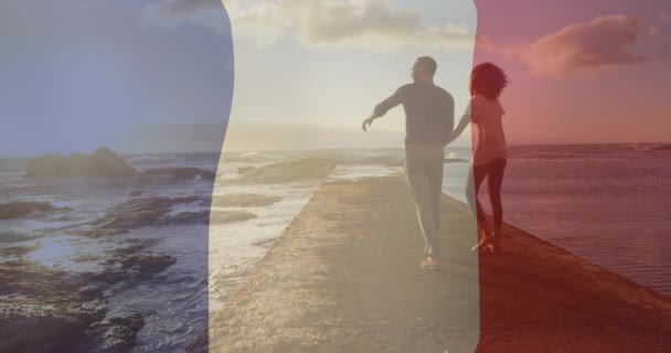 Animazione Bandiera Francia Coppia Biracial Che Cammina Spiaggia Giorno Bastiglia — Video Stock