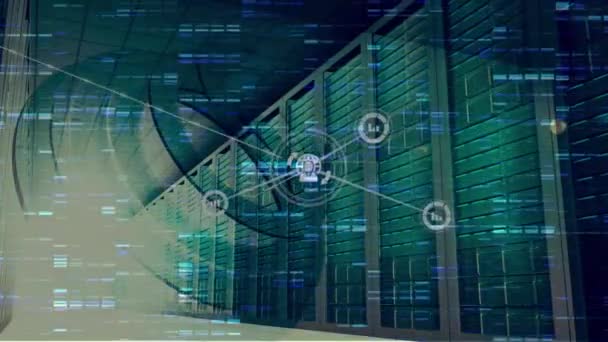 蓝色马赛克正方形和数字图标网络在计算机服务器机房中的动画 全球联网和商业数据储存技术概念 — 图库视频影像