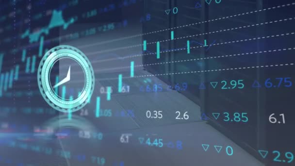 Animation Neon Ticking Clock Statistical Stock Market Data Processing Server — Stock Video