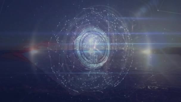 Animacja Neonowego Tykającego Zegara Globus Sieci Połączeń Tle Krajobrazu Morzem — Wideo stockowe