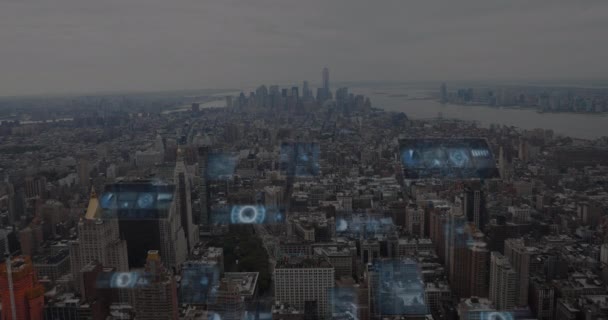 针对城市景观的空中景观 进行圆形扫描仪的动画制作和数据处理 计算机接口和商业技术概念 — 图库视频影像