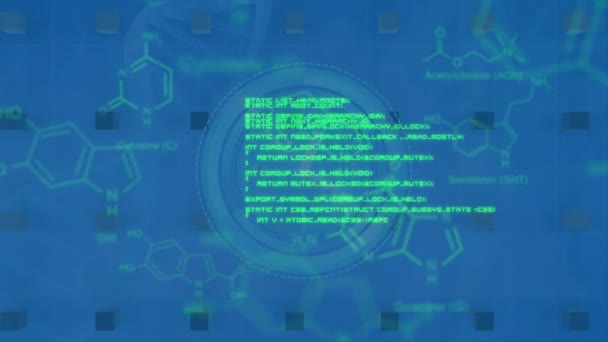 青い背景に化学構造とデータ処理を超えるネオン ティッキング クロックのアニメーション 医学研究科学技術概念 — ストック動画