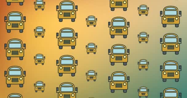Animación Múltiples Iconos Autobús Escolar Flotando Sobre Fondo Gradiente Naranja — Vídeo de stock