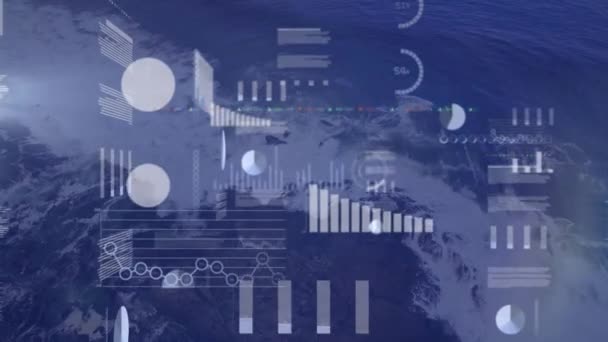 Animação Processamento Dados Estatísticos Contra Visão Aérea Das Ondas Mar — Vídeo de Stock