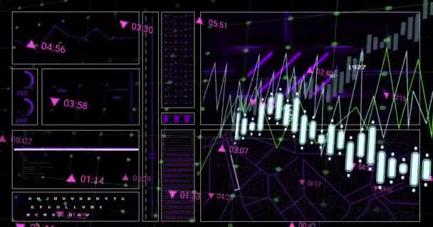 Animation Interface Data Processing Grid Network Black Background Computer Interface — Stock Video