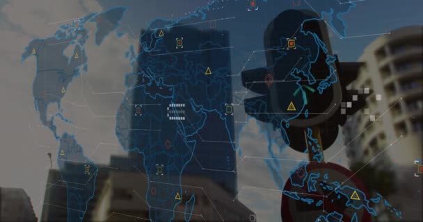 Анімація Світової Карти Обробка Даних Проти Світлофора Вулиці Концепція Контролю — стокове відео