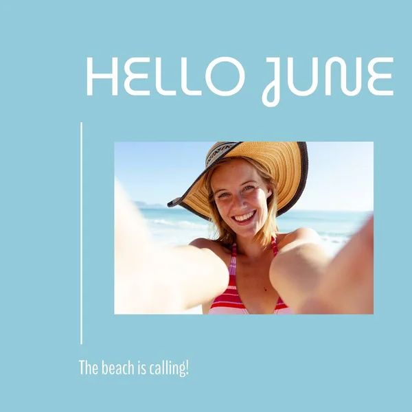 Composite Hello June Beach Calling Text Portrait Happy Caucasian Woman — Stock Photo, Image