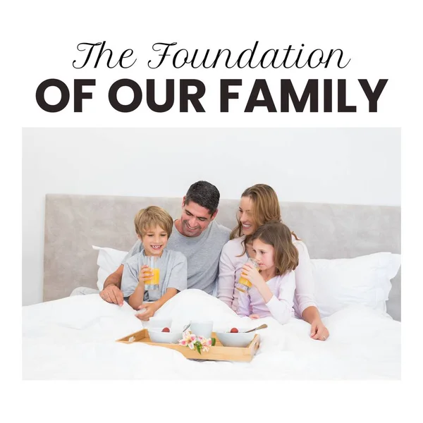 Composition Happy Parents Day Text Happy Caucasian Family Having Breakfast — Stock Photo, Image