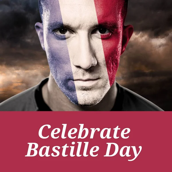 Composition Bastille Day Text Caucasian Man Painted Flag France Face — Stock Photo, Image
