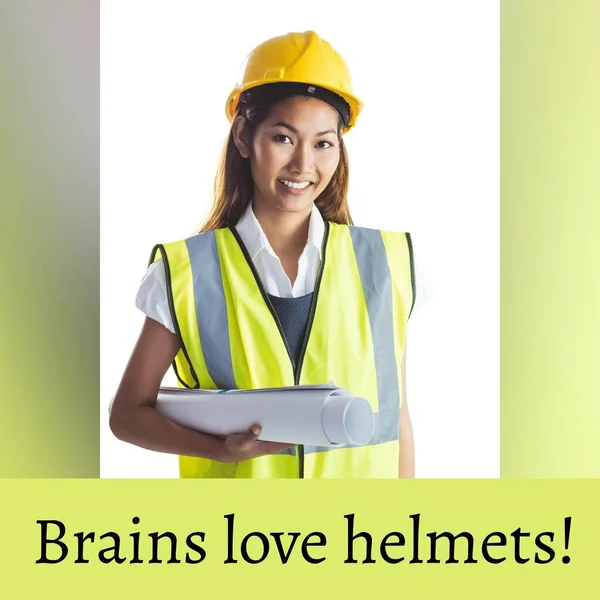 Composition of health and safety text over asian woman in safety helmet and vest. Health and safety, precaution and care concept digitally generated image.