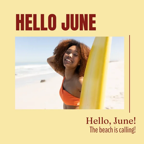 Kompozit Hello June Pláž Volání Text Africká Americká Žena Surfy — Stock fotografie