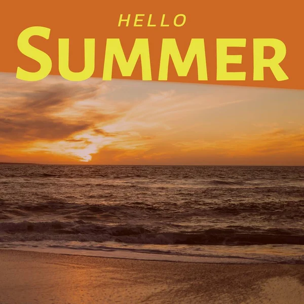 Composite Hello Summer Text Beautiful View Seascape Cloudy Sky Sunset — Stock Photo, Image