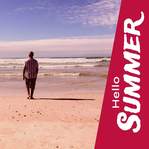 Composite Hello Summer Text Rear View African American Man Walking — Stock Photo, Image
