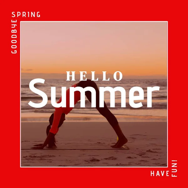 Composite Hello Summer Have Fun Text Biracial Woman Exercising Beach — Stock Photo, Image
