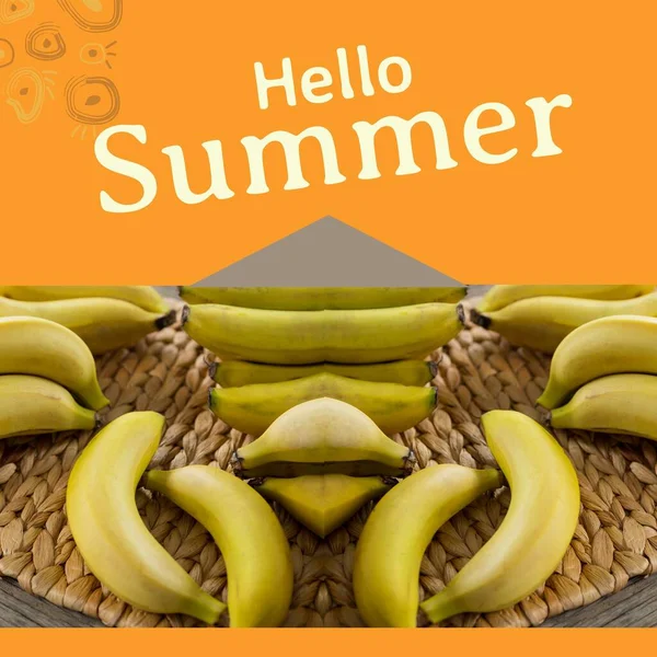 Composite Hello Summer Text Raw Fresh Bananas Arranged Table Copy — Stock Photo, Image
