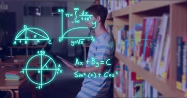 Kafkas erkek öğrenci üzerinde bilimsel veri işleme animasyonu. Küresel eğitim, öğrenim, okul, dijital arayüz ve dijital olarak oluşturulan veri işleme kavramı.