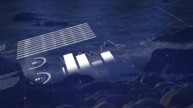 Kayalara çarpan deniz dalgalarına karşı istatistiksel veri işleme animasyonu. Bilgisayar arayüzü ve iş veri teknolojisi kavramı