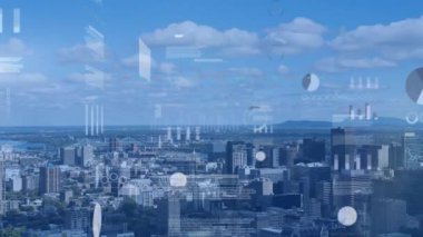 Animation of data processing against aerial view of cityscape. Computer interface and business technology concept