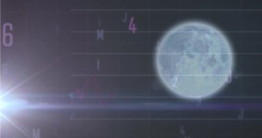 Uyduya karşı rakamların, alfabelerin ve istatistiksel veri işlemenin animasyonu. Bilgisayar arayüzü ve iş veri teknolojisi kavramı