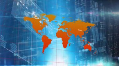 Dünya haritası ve veri işleme animasyonu. Küresel ağlar, dijital arayüz ve dijital olarak oluşturulan veri işleme konsepti.