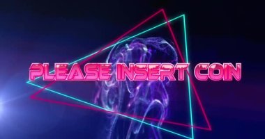 Lütfen mavi arka plana neon üçgen pankartın üzerine bozuk para metni yerleştirin. Video oyunu arayüzü ve teknoloji kavramı