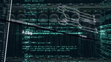 Sunucu ve veri işleme animasyonu. Küresel ağlar, dijital arayüz ve dijital olarak oluşturulan veri işleme konsepti.