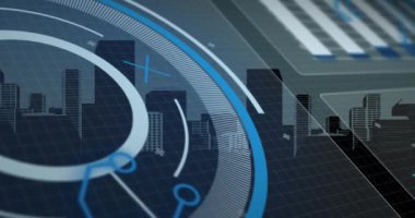 Şehir manzarasının havadan görüntüsüne karşı veri işleme arayüzünün animasyonu. Bilgisayar arayüzü ve iş teknolojisi kavramı