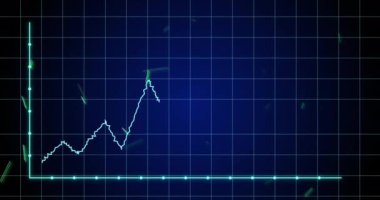 Mavi arkaplandaki soyut yeşil şekillere karşı şebeke üzerinden veri işleme animasyonu. Bilgisayar arayüzü ve iş veri teknolojisi kavramı