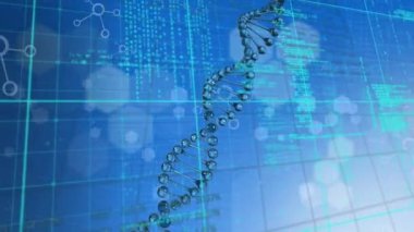 Mavi arka planda DNA, moleküler ve kimyasal yapıların veri işlemesine karşı animasyonu. Tıbbi araştırma ve bilim teknolojisi kavramı