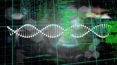 DNA yapılarının animasyonu ve siyah arka planda tıbbi veri işleme. Tıbbi araştırma ve bilim teknolojisi kavramı