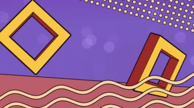 Mor arkaplanda hareket eden retro soyut şekillerin animasyonu. Dijital olarak oluşturulan soyut, renk ve şekil konsepti.