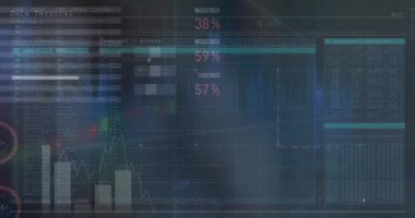 Gri arkaplan ile istatistiksel veri işleme arayüzünün animasyonu. Bilgisayar arayüzü ve iş veri teknolojisi kavramı
