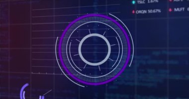 Animation of round scanner over statistical and stock market data processing on purple background. Global economy and business technology concept