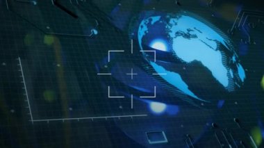 Veri işleme, ışık noktası ve dönen küre ile arayüz üzerinden tarama alanının animasyonu. Bilgisayar arayüzü ve iş teknolojisi kavramı