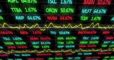 Siyah arkaplana karşı şebeke üzerinden istatistiksel ve borsa veri işleme animasyonu. Küresel ekonomi ve iş veri teknolojisi kavramı