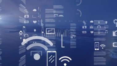 Dağlar ve denizlerle manzarayı karşılaştırmak için istatistiksel veri işleme animasyonu. Bilgisayar arayüzü ve iş veri teknolojisi kavramı