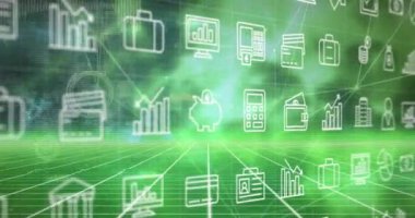 Gri arkaplan üzerinde dijital simgelerin ve dijital simgelerin animasyonu. Bilgisayar arayüzü ve iş teknolojisi kavramı