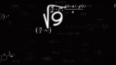 Matematiksel denklemlerin animasyonu, diyagramlar ve formüller siyah arkaplanda yüzüyor. Okul ve eğitim kavramı