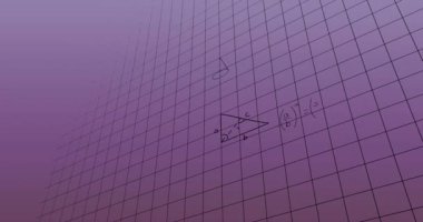 Mor arkaplan üzerinde yüzen matematiksel denklemlerin ve formüllerin animasyonu. Okul ve eğitim kavramı