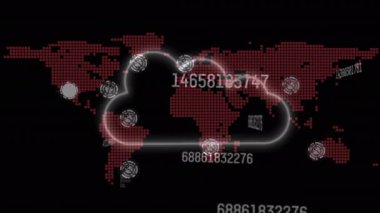 Neon bulut simgesi ve dünya haritası üzerinden siyah arkaplana karşı numaraların değiştirilmesi. Bilgisayar arayüzü ve iş teknolojisi kavramı