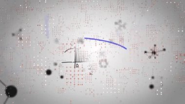 Mikroişlemci bağlantılarının animasyonu ve gri arkaplan üzerinde yüzen matematiksel denklemler. Okul ve eğitim kavramı