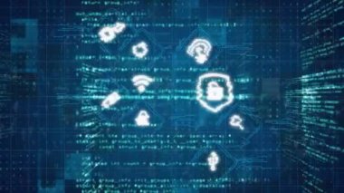 Veri işleme ile simge ve asma kilit animasyonu. Küresel ağlar, dijital arayüz ve dijital olarak oluşturulan veri işleme konsepti.