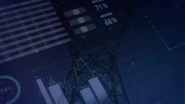 Animation of statistical data processing over network tower against sunset sky. Global networking and business data technology concept