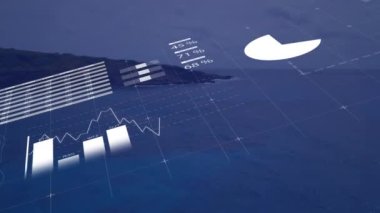 Dağlar ve denizlerle manzarayı karşılaştırmak için istatistiksel veri işleme animasyonu. Bilgisayar arayüzü ve iş veri teknolojisi kavramı