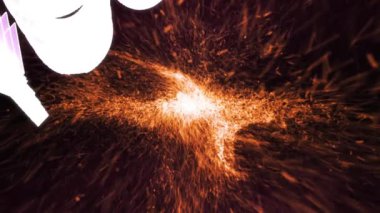 Siyah zemin üzerinde uçan kırmızı parçacıklara karşı metin pankartı kazanmanız üzerine hatalı etki animasyonu. Video oyunu arayüzü ve teknoloji kavramı