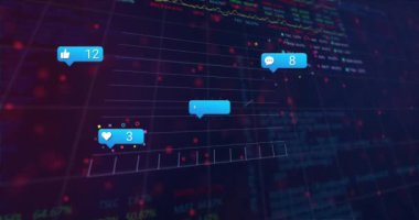 Sosyal medya simgeleri, istatistikler, borsa veri işleme ve DNA yapısının animasyonu. Sosyal medya ağı ve tıbbi araştırma teknolojisi kavramı