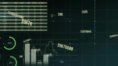 Animation of multiple changing numbers and statistical data processing against black background. Computer interface and business data technology concept