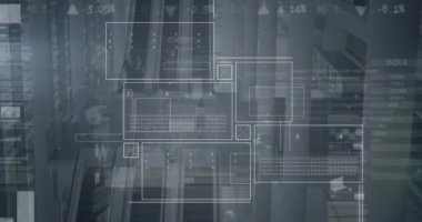 Ofisteki yürüyen merdivenin havadan görüntüsü üzerinden istatistiksel veri işleme arayüzünün canlandırılması. Bilgisayar arayüzü ve iş veri teknolojisi kavramı