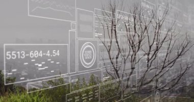 Şehir manzarasının havadan görüntüsüne karşı veri işleme arayüzünün animasyonu. Bilgisayar arayüzü ve iş teknolojisi kavramı